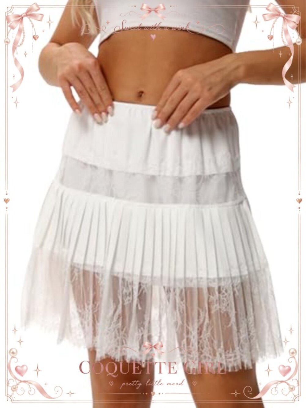 Lace Mini Skirt Ruffled Underskirt Low Waist Layered Flowy Pleated Polyester